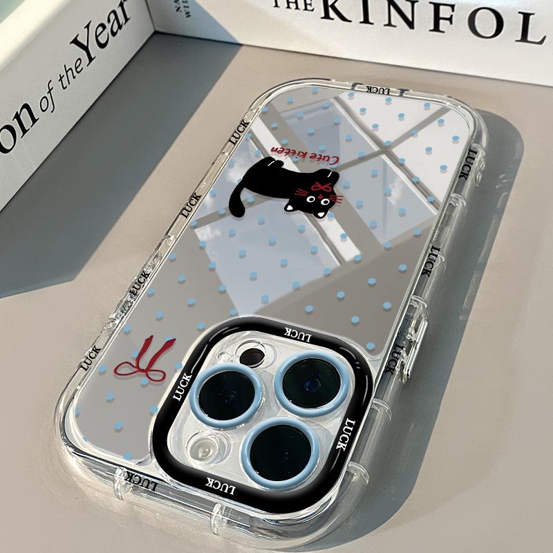 Blau Gepunktete Schwarze Katze für IPhone17promax Creme Spiegel Handyhülle Öl 16 Neu 15 Cartoon 14