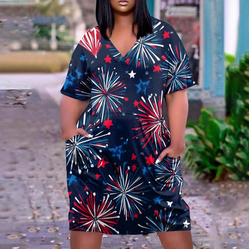 Summer Plus Size V Neck Short Sleeve Knee Pocket Gradient Print Casual Dress For Women