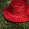 French Retro Red Hollow Woven Flat-Top Straw Hat Women'S Summer Sun Protection Travel Vacation Hat Japanese Sun Hat