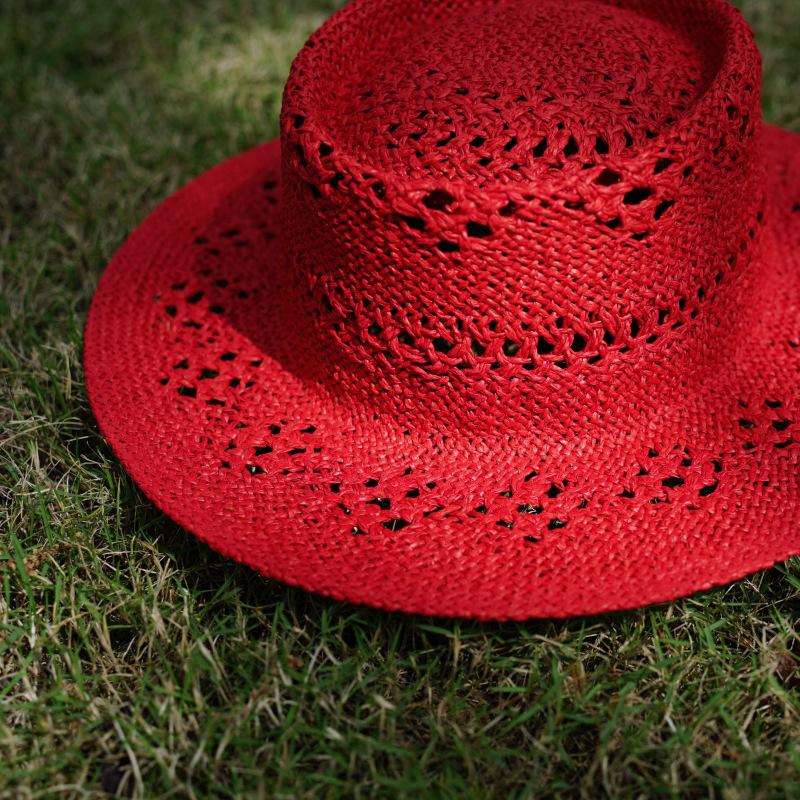 French Retro Red Hollow Woven Flat-Top Straw Hat Women'S Summer Sun Protection Travel Vacation Hat Japanese Sun Hat