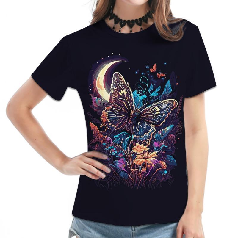 

Women sShort-Sleeve Tee - Pastel Butterfly & Floral Graphic Print, Sparkling Dreamy Design Casual Top, Stylish Daily L