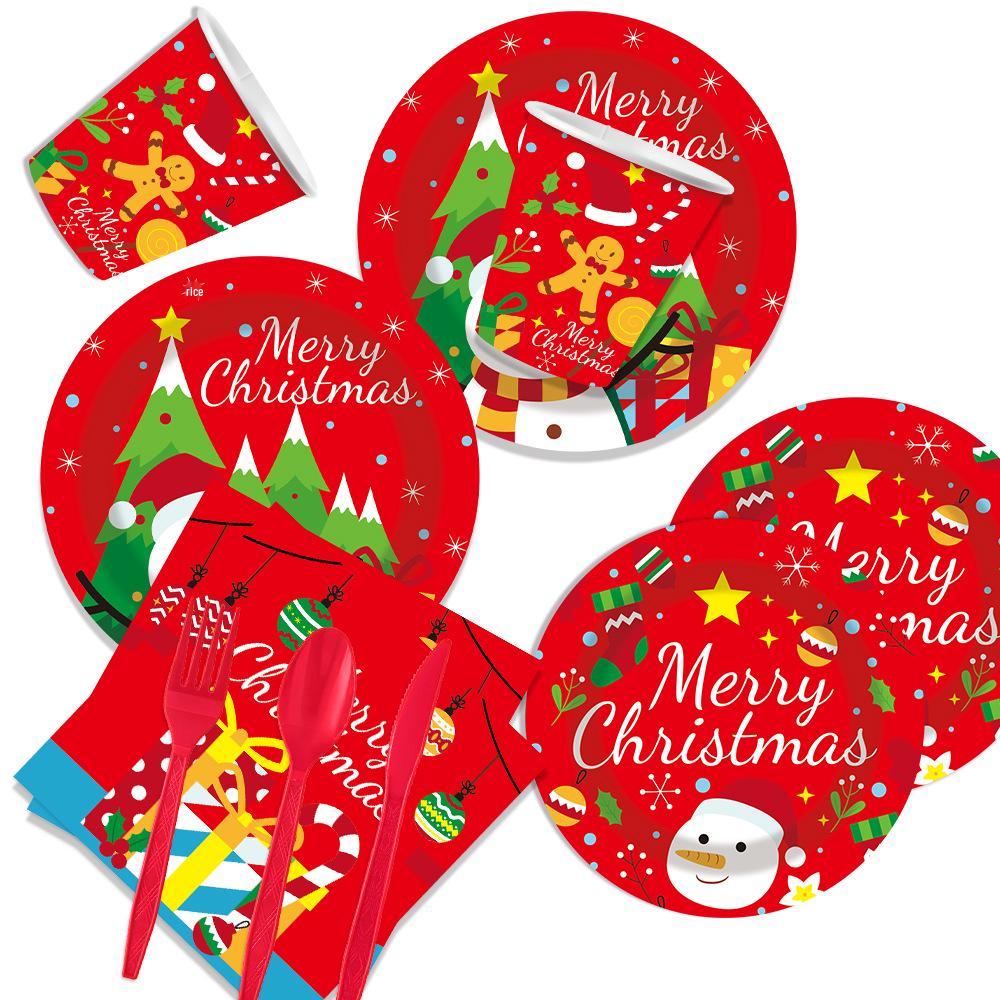 Weihnachts-Schneemann-Geschirrset: Teller, Servietten, Tischdecke und Banner