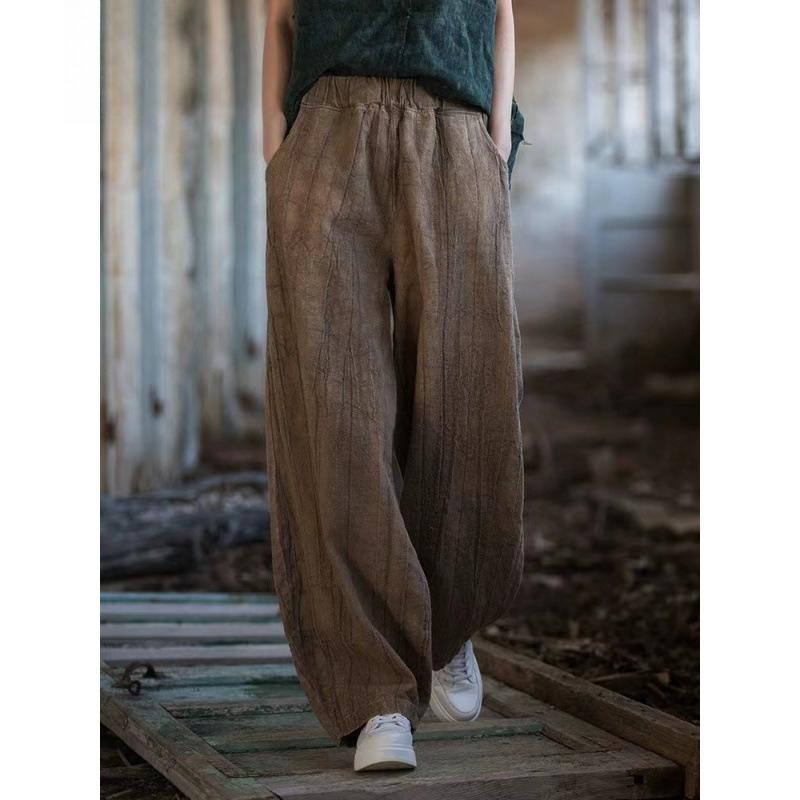 Johnature Women Vintage Tie-dye Wide Leg Pants Elastic Waist Autumn Trouser Loose Pockets Women Ramie Cotton Pants