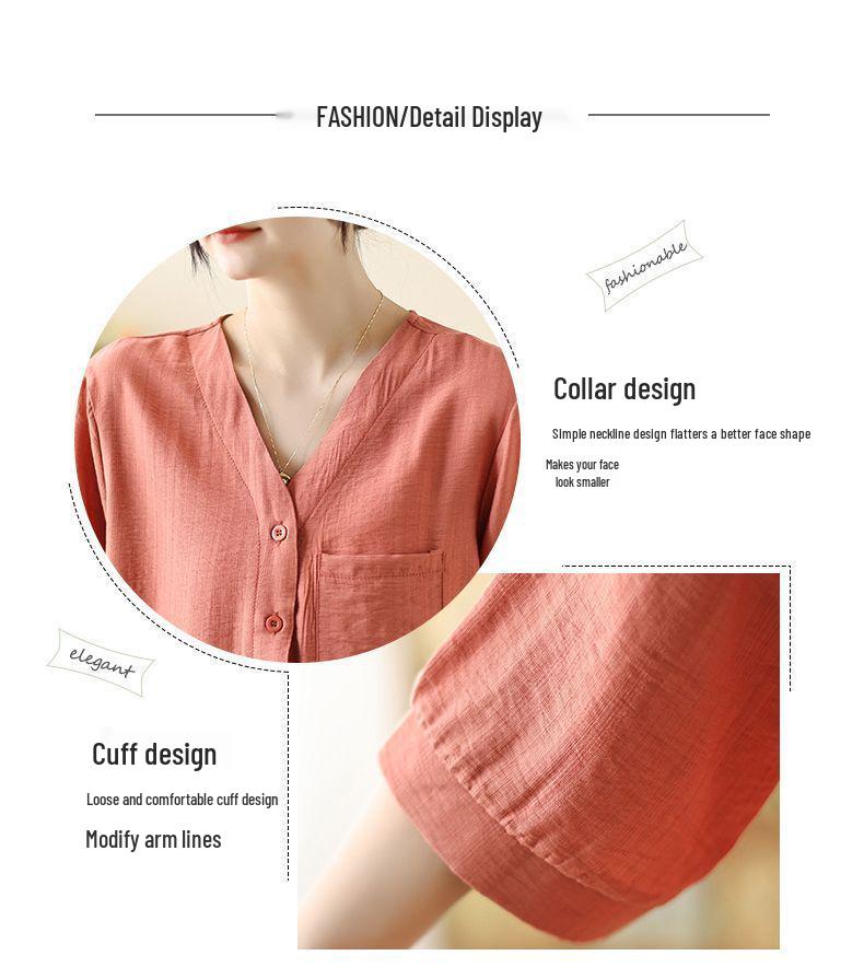 Summer Cotton Linen Lightweight Casual Shirt Set for Middle-Aged Women with Versatile Three-Quarter Sleeves