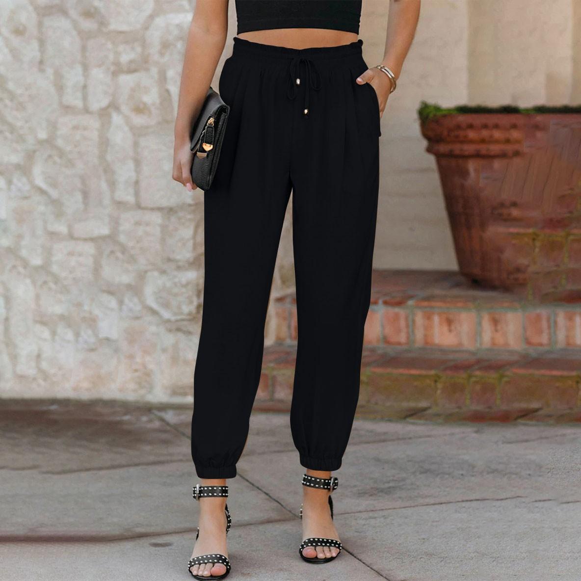 

Женские однотонные повседневные брюки на шнуровке с эластичной резинкой на талии, облегающие женские брюки с поясом на небольшую ногу L чёрный