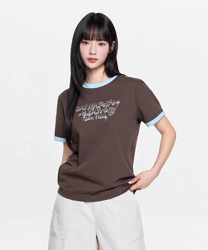 Emelbi Letter Graphic Regular Fit Ringer T-Shirt Sf (D.Brown)