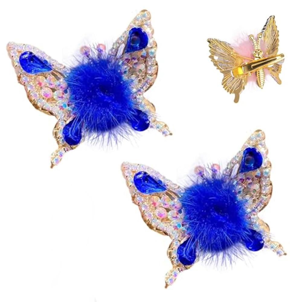 2 Pcs Butterfly Hair Clips Colorful Shiny Flying Butterfly Hairpin with Soft Hairball for Girls