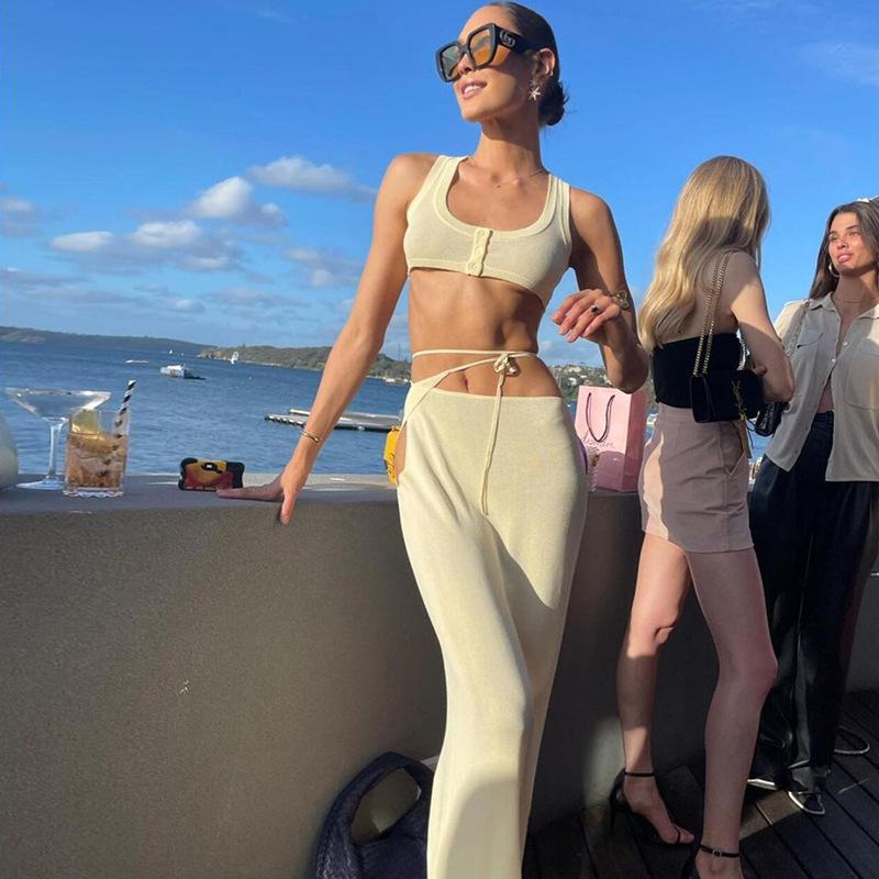 Dámské sexy soupravy na šaty bez zad Party Club Elegantní top a sukně se zapínáním na knoflíky, 2dílné soupravy bandáží