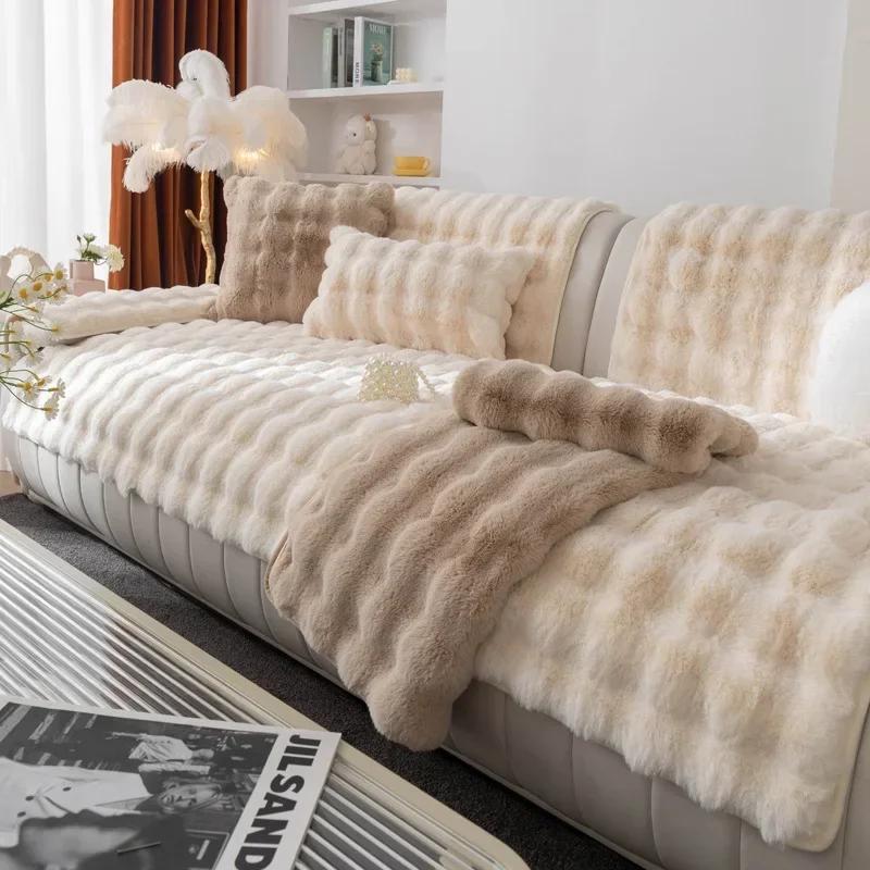Winter Warm Plush Sofa Cushion  Minimalist Thick Simple Grid Seat Cushion High End Winter Anti-skid Fluffy  Plush  Sofa Cover