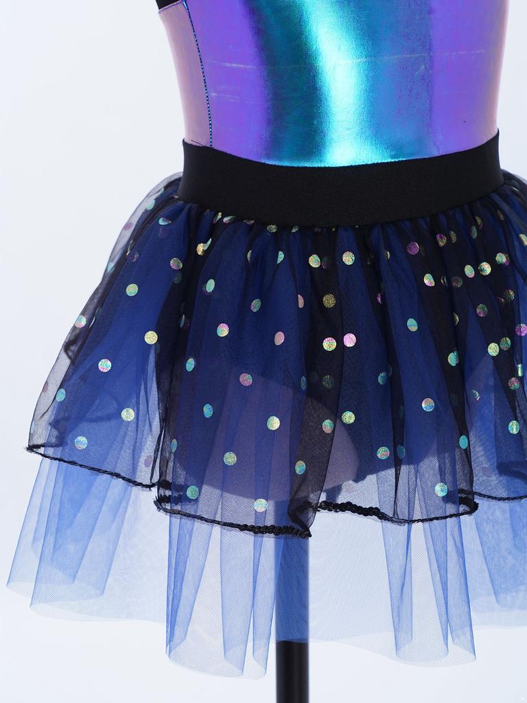 Sparkling Metallic Tutu Dress for Kids Girls: Sheer Mesh Patchwork Bodice with Tulle Skirt & Headpiece for Competition & Recital