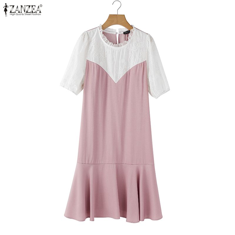 ZANZEA Women Fashion Embroidery Patchwork Casual Round Neck Short Sleeve Dress