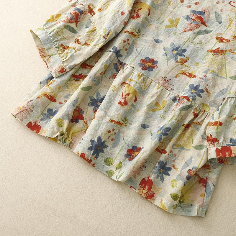 Summer Cotton Linen Floral Top Women's Mid Sleeve Oversized Loose Short Sleeved Shirt