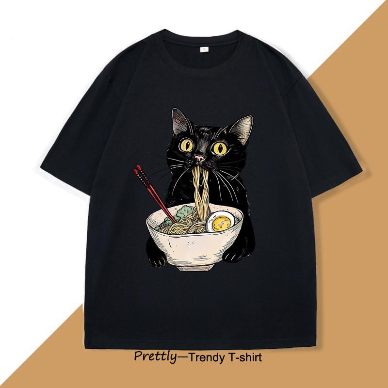 Nudel Katze T-Shirt Ramen Katze T-Shirt Foodie Liebhaber Grafik T-Shirts Retro Druck Herren Damen T-Shirt Baumwoll-T-Shirts Lockere Kleidung