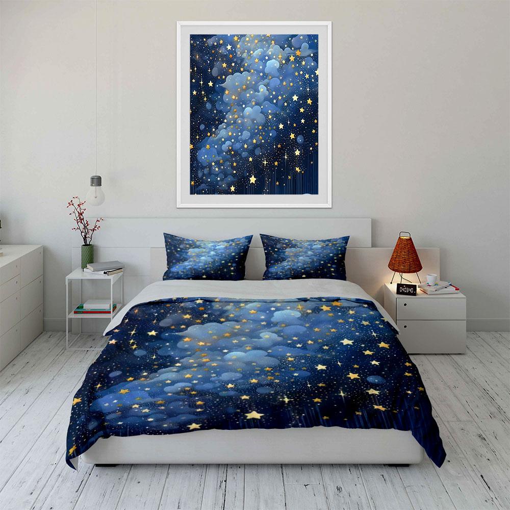 Starry Night Sky Decor Set Bedding Set with 1 Duvet Cover 2 Pillowcases Single Double King Queen, Gift