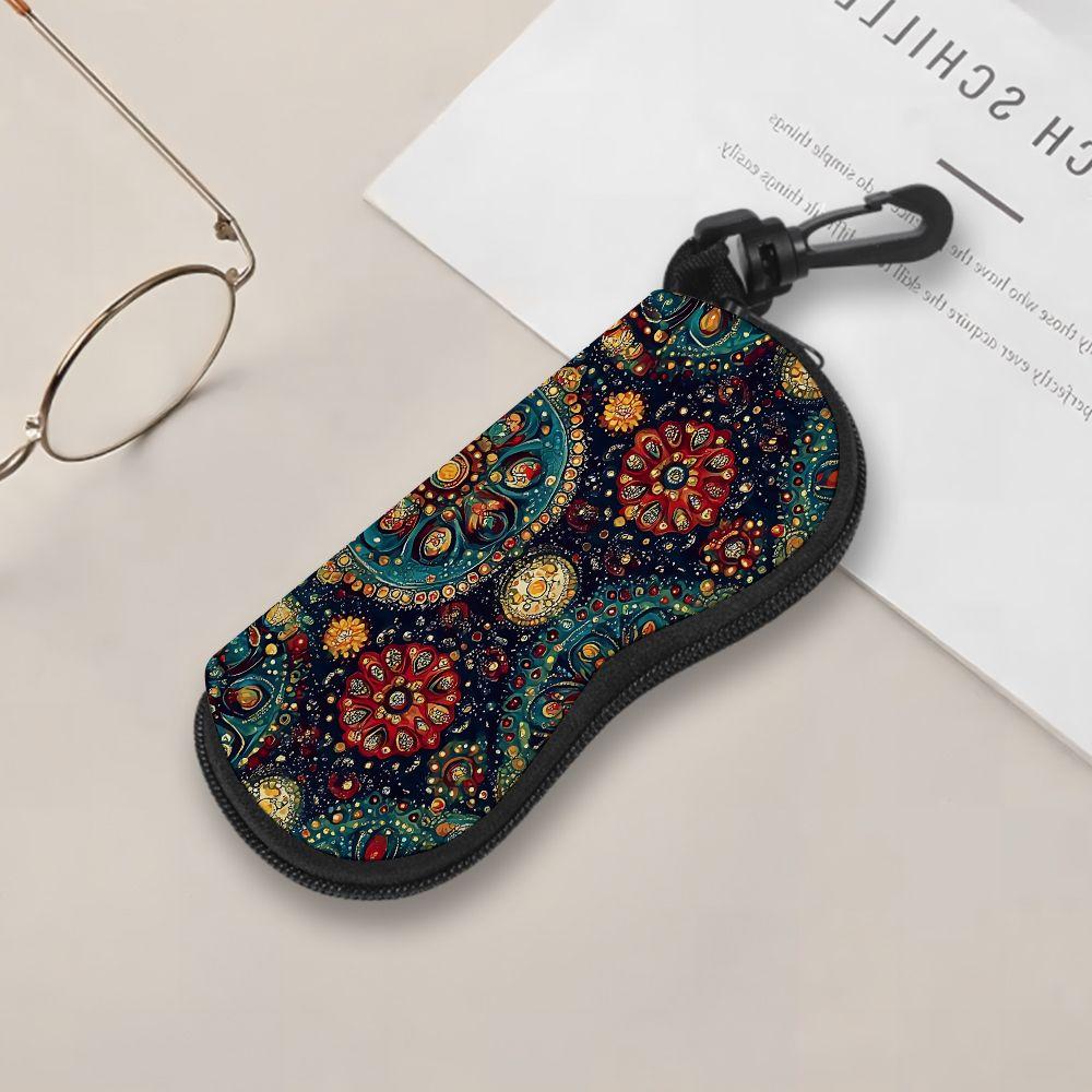 2D-Bohemian Floral Mandala Print Sunglasses Case, Vintage Ethnic Pattern Eyeglasses Holder, Protective Zipper Eyewear Organizer for Travel