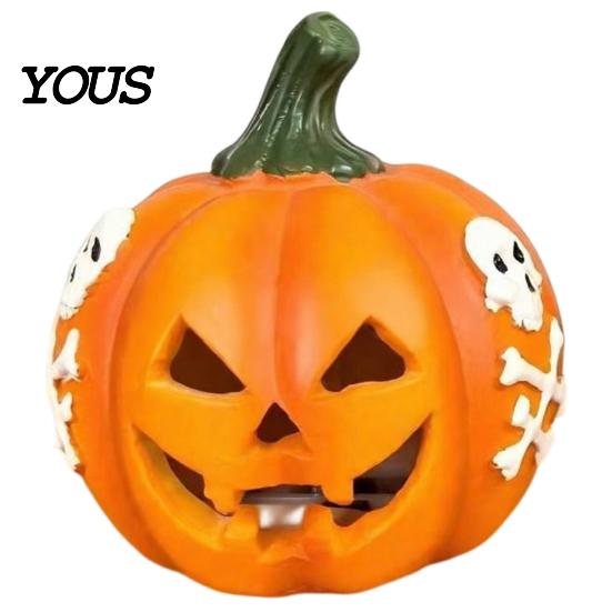 Festive Holiday Home Ornaments Spooky Lighted Pumpkin Figurine, Halloween Engraved Light-Up Resin Decorations Statue for Tabletop Indoor Outdoor