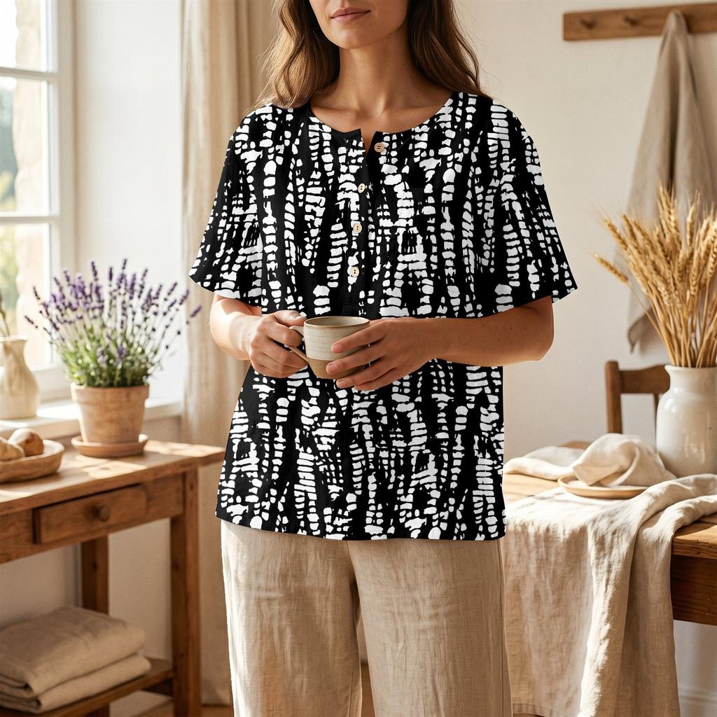 Camicia Casual da Donna con Stampa, Collo Henley, Manica Corta, Cotone e Lino, Tasca Frontale e Bottone, Vestibilità Rilassata