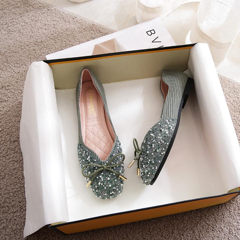 Spring new pearl rhinestone square head single shoes soft-soled casual flats