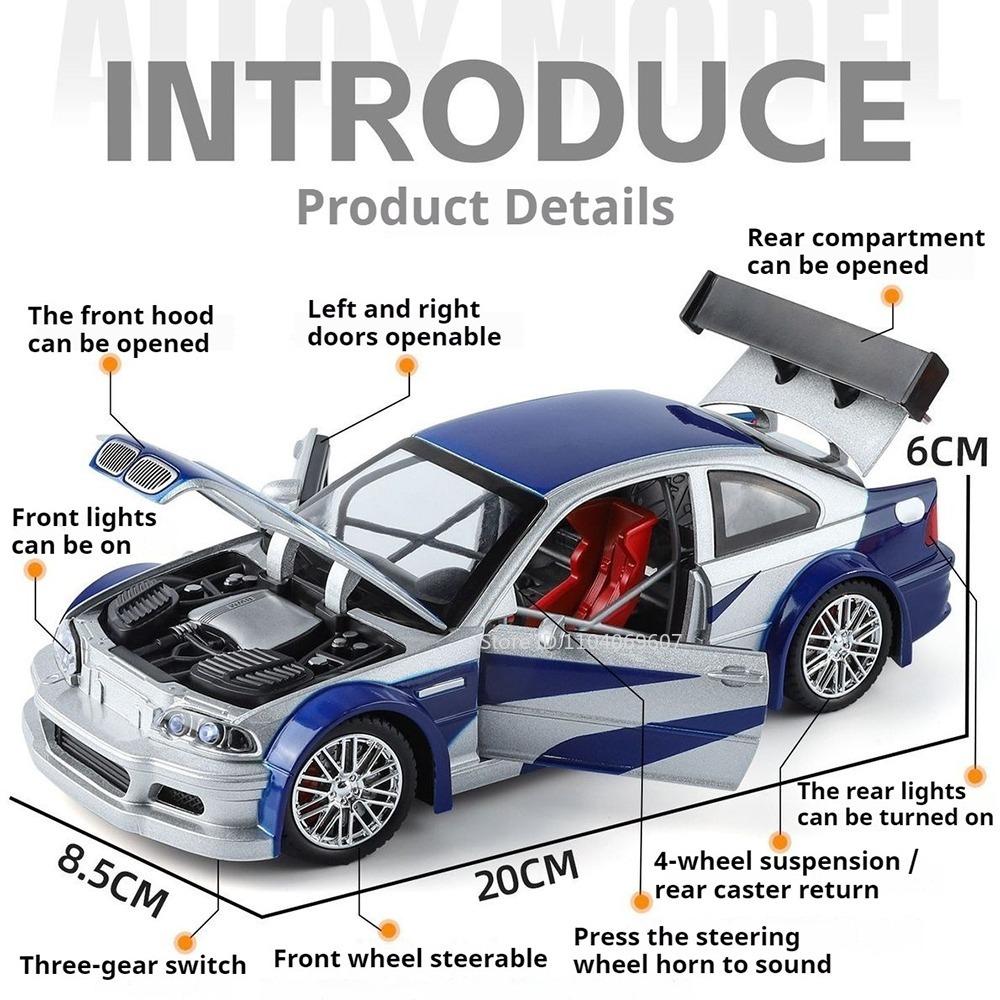 1:24 M3 GTR E46 Model Racing Car Toys Alloy Diecast Sound Light Doors Opened Shock Absorption Pull Back Simulation Supercars