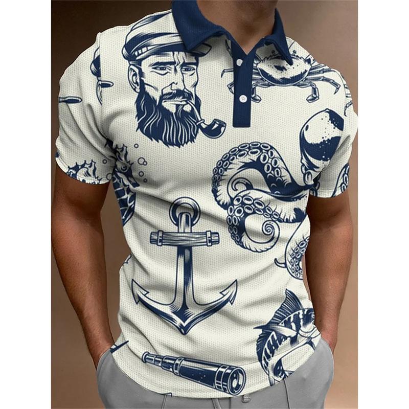 Nautical Print Short Sleeve Polo Shirt, Stylish Casual Top