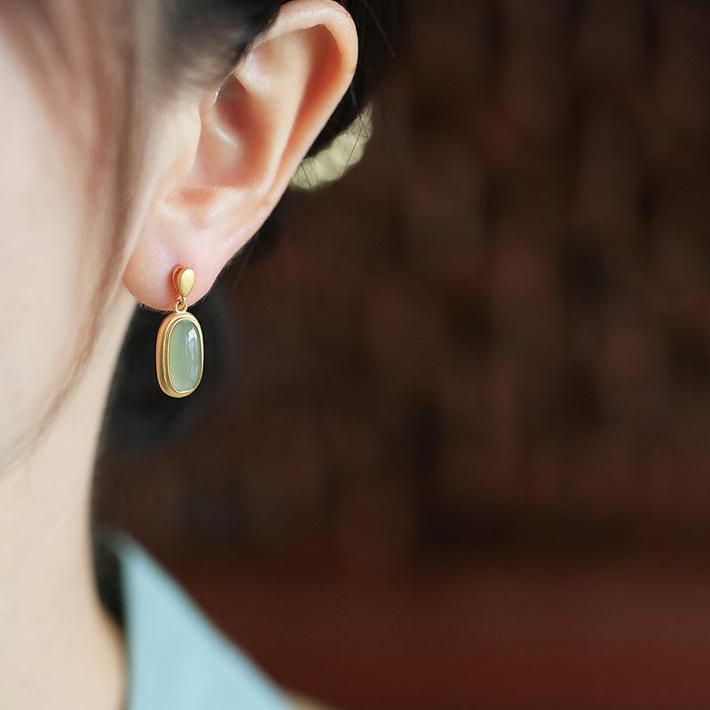 Hetian Jade Ear Hook Earring Women's High-end Temperament Ethnic Retro Earrings Cloisonne Craft Dangler Gift
