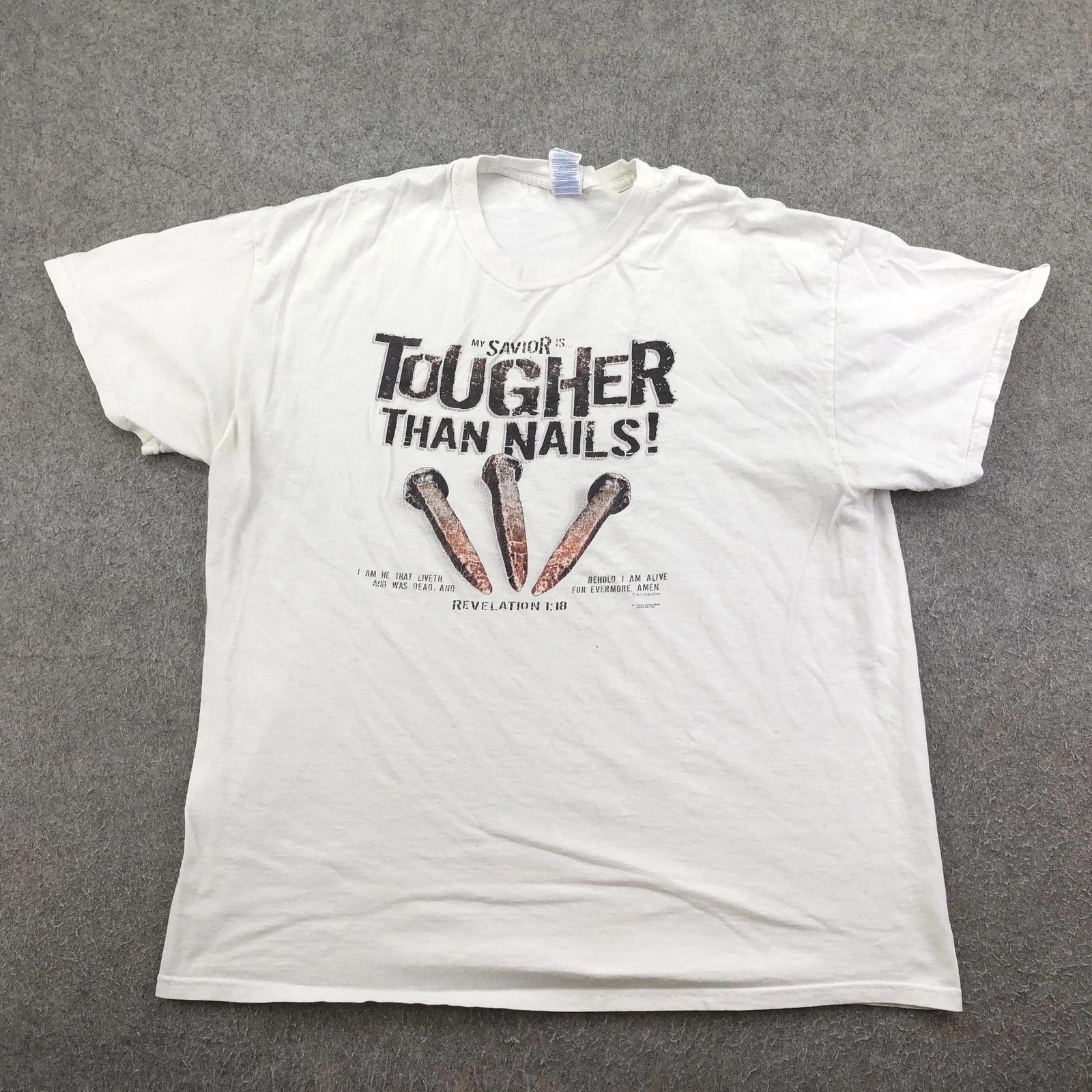 Vintage Religious Shirt Mens XL White Tougher Than Nails Christian Bible Jesus S