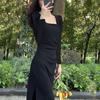 Women Spring Dress Square Neck Long Sleeve Slim Fit Tight Waist Pure Color Split Retro Elegant Lady Midi Dress