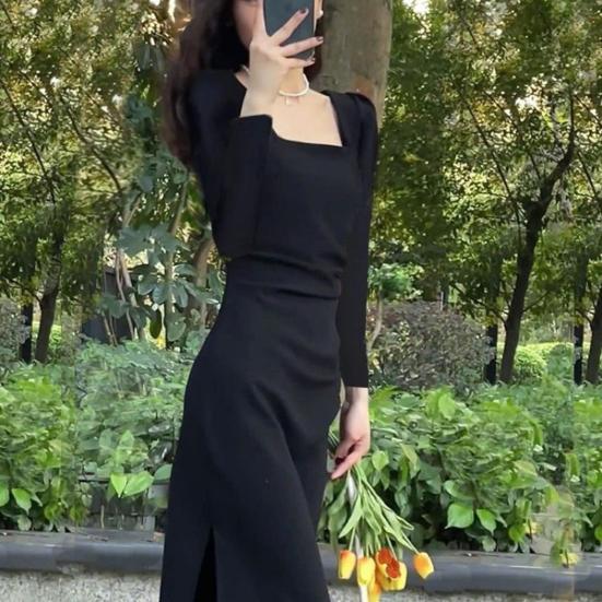 Women Spring Dress Square Neck Long Sleeve Slim Fit Tight Waist Pure Color Split Retro Elegant Lady Midi Dress