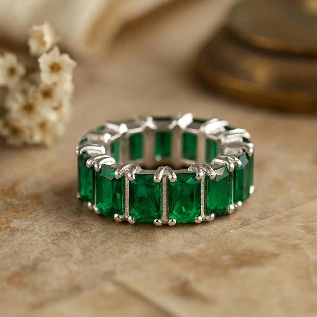 Wedding Engagement Anniversary Promise Gift – Baguette Emerald Eternity Band, May Birthstone Stackable Matching Ring, Elegant Jewelry for Women