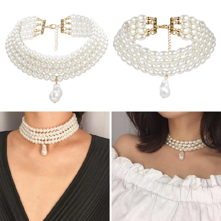 Simulated Pearl Necklaces Statement Bridal Choker Multi-Layer Pearl Necklace
