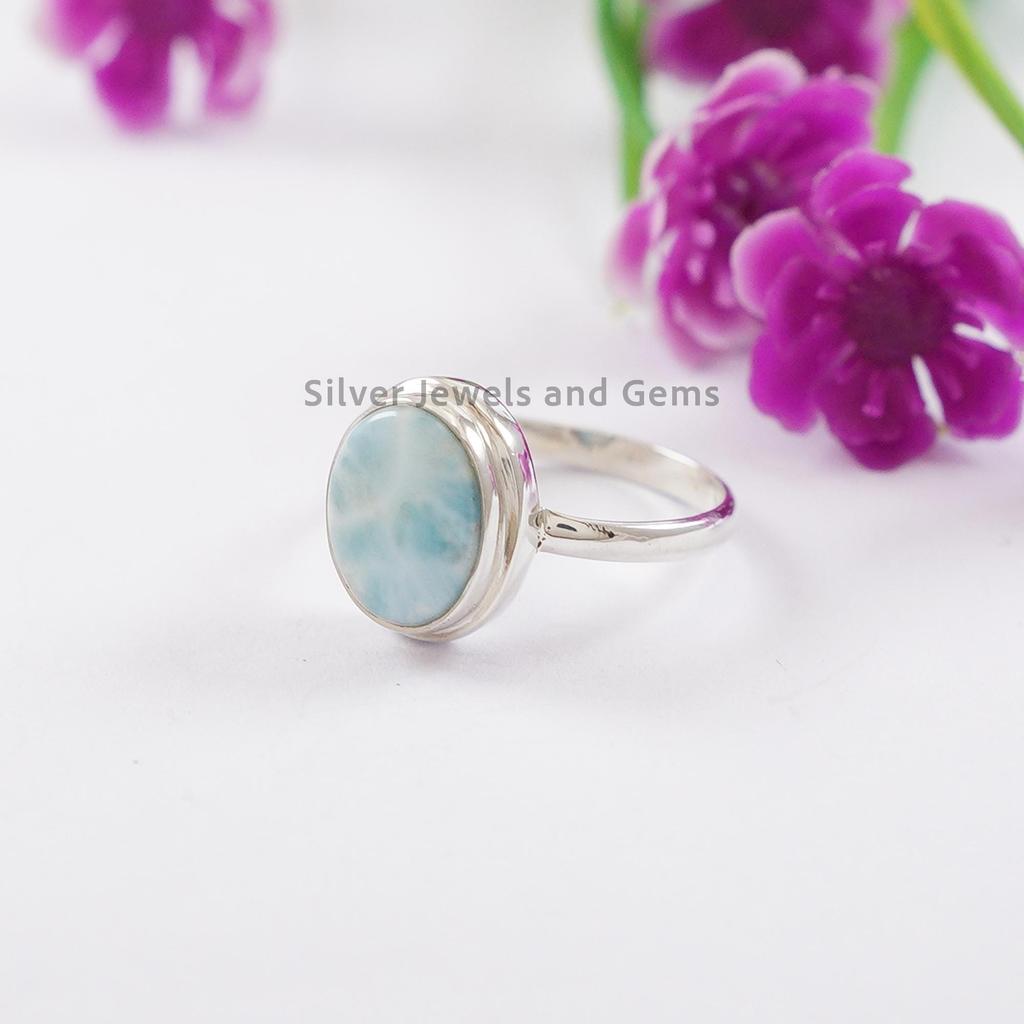 Bague Larimar Naturelle, Bague Pierre Bleue, Argent Sterling 925 Fait Main, Bague Fine Ovale, Cadeau de Mariage