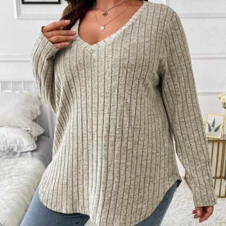 Women Plus Size Long Sleeve T-Shirt V Neck Striped Knitted Top Casual Loose Blouse Spring Solid Color Tops 5XL