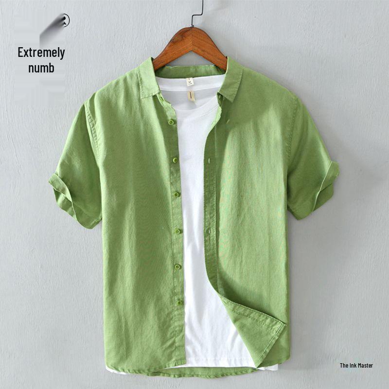 Men's Summer Loose Fit Basic Cotton-Linen Short Sleeve Shirt
