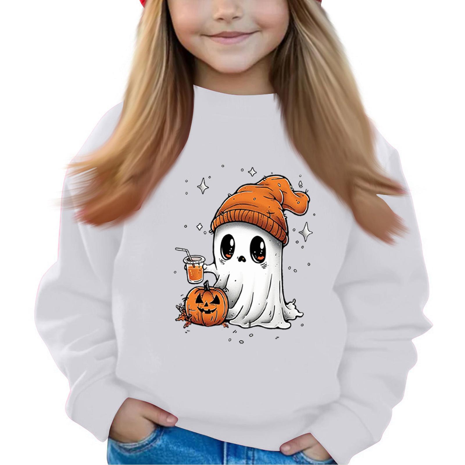 

Хэллоуин День Девочки Пуловеры с Круглым Вырезом Для Детей Принтованные Детские Топы 160 белый