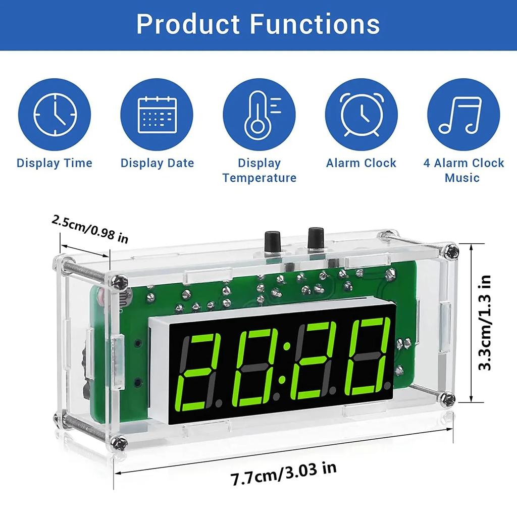 4-Digit Digital DIY Clock Kits with Acrylic Shell  DIY Alarm Clock Soldering Practice Kit for Learning Electronics multifunction