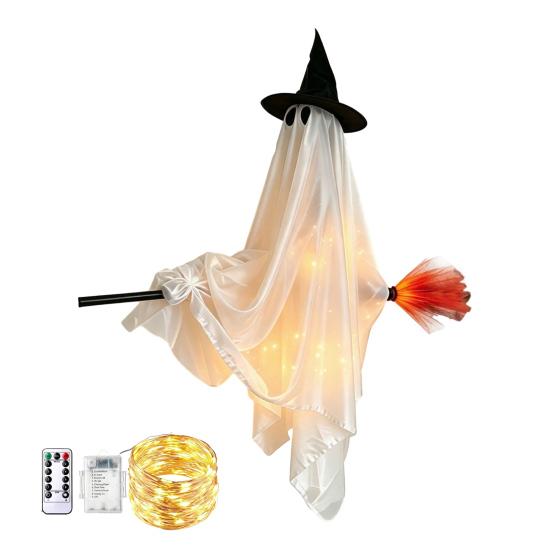 Spooky Outdoor Porch Decor Hanging Ghost with Broom Halloween Decoration, Flying Witch Ornament for Decorations Haunted House Tree Indoor Party