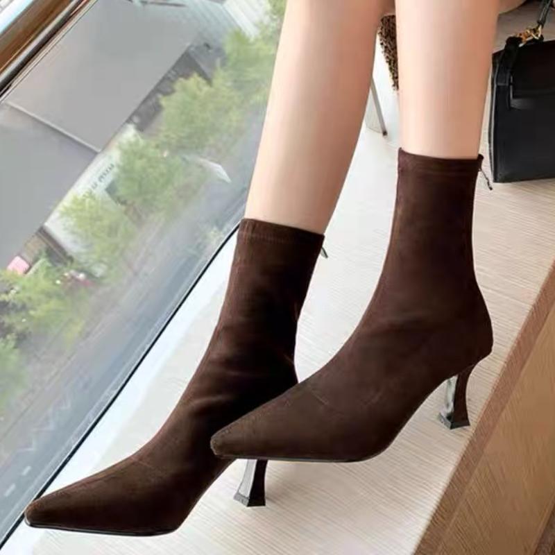 Vintage Women Ankle Boots Fashion Pointed Toe Shoes Autumn Winter High Heel Ladies Elegant Stretch Slim Short Booties