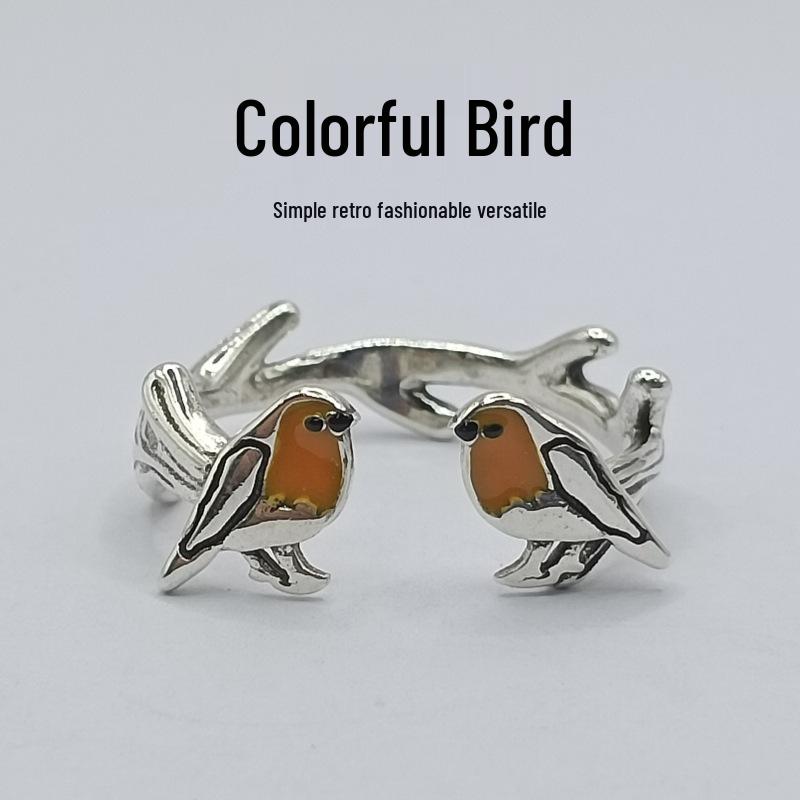 Silver Enamel Bird Ring - Retro, Simple, Versatile Open Design Adjustable Open