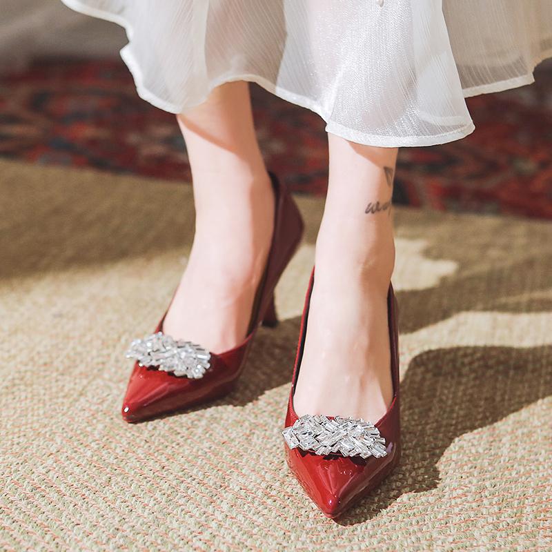 2026 Patent Leather High Heel Women Shoes Pointed Toe Slip On Rhinestones Formal Party Dress Pumps Prom Evening Wedding Heels