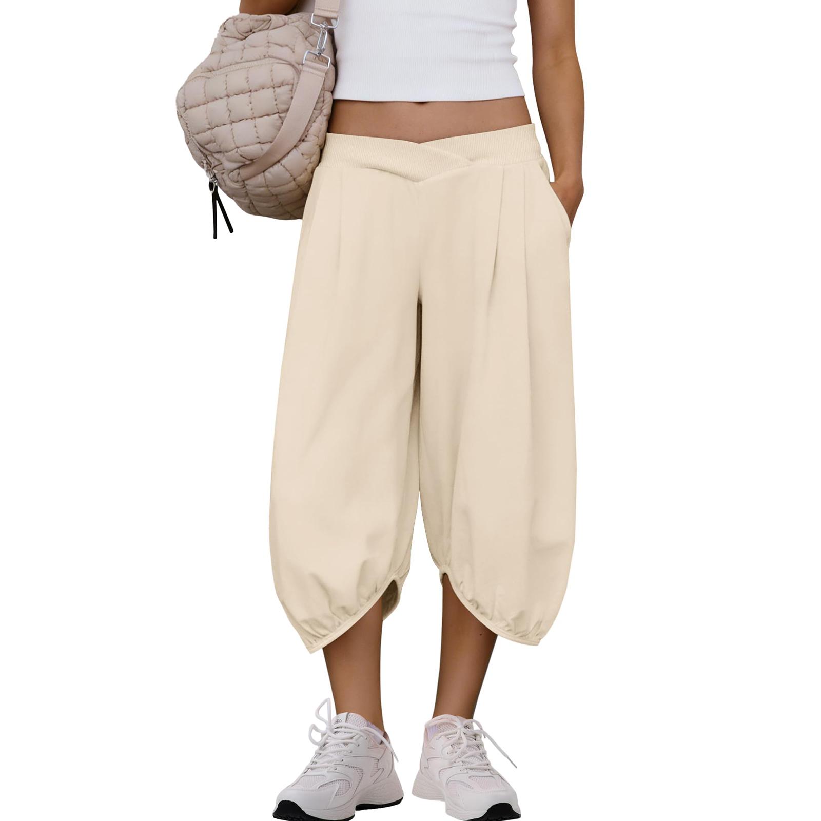 

Women Elastic High Waist 3/4 Pant Casual Fit Wide Capris Leg Pants Trousers With Pockets XXL хакі