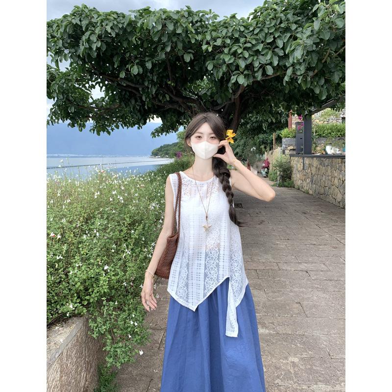 

Летний винтажный кружевной топ-жилет без рукавов с многослойным ажурным неровным низом S