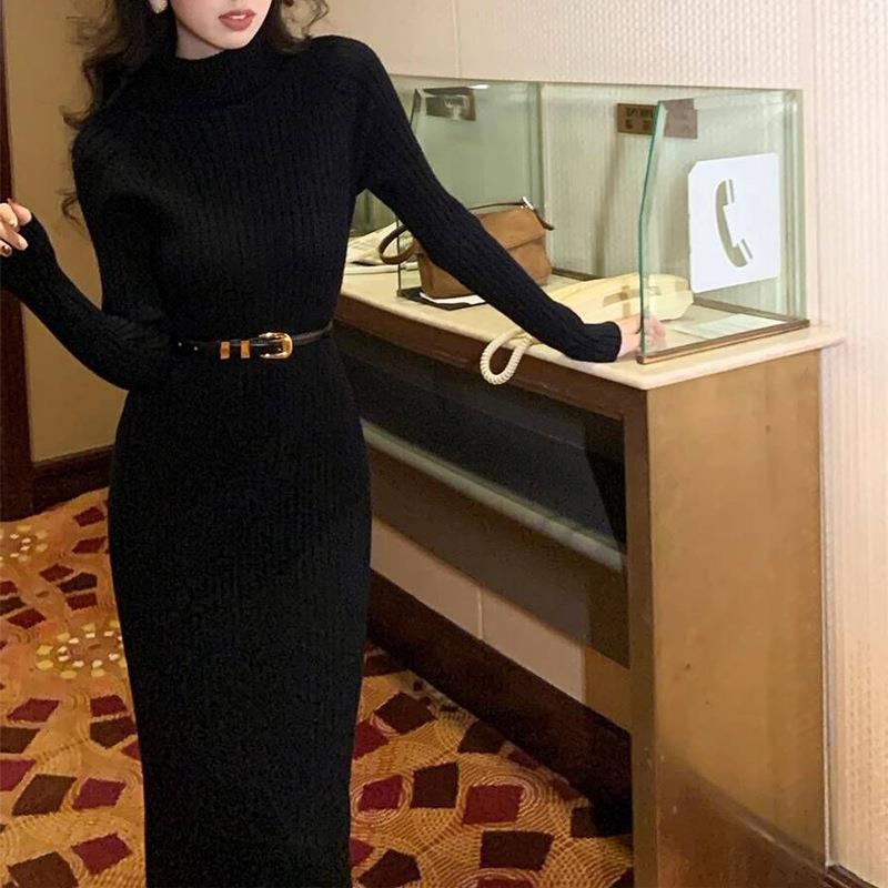 Interior High Neck Knitted Dress with Temperament As A Base Skirt for Women's Autumn and Winter Slim Fit and Slimming Sweater Skirt
