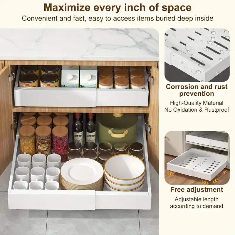 Pull-out Cabinet Storage Rack with 3 Silent Slide Rails, No Drilling Required, Suitable for Kitchen Spice Tableware Organization