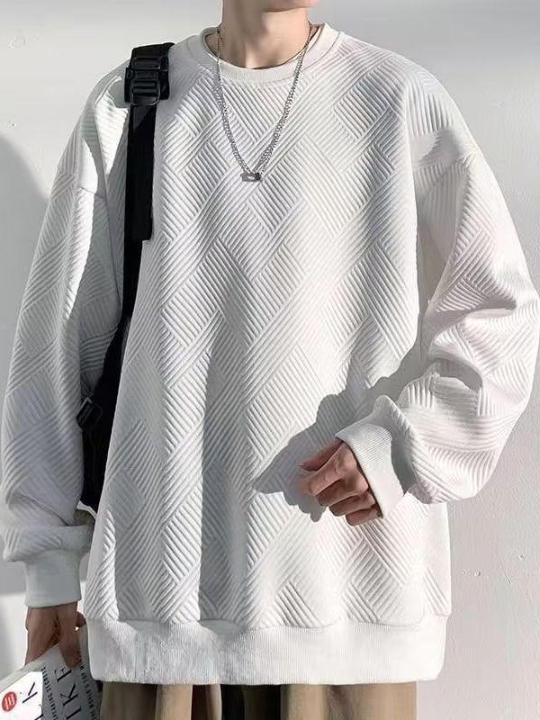 Men's Heavy Waffle Round Neck Sweatshirt - Trendy Long-Sleeve, Loose-Fit for Spring and Autumn