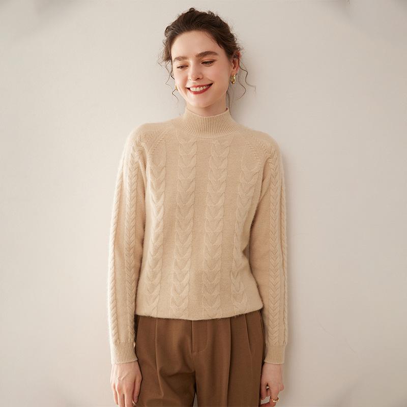 Women's Solid Color Twist Pattern Cashmere Sweater, Semi-high Neck, Loose Fit