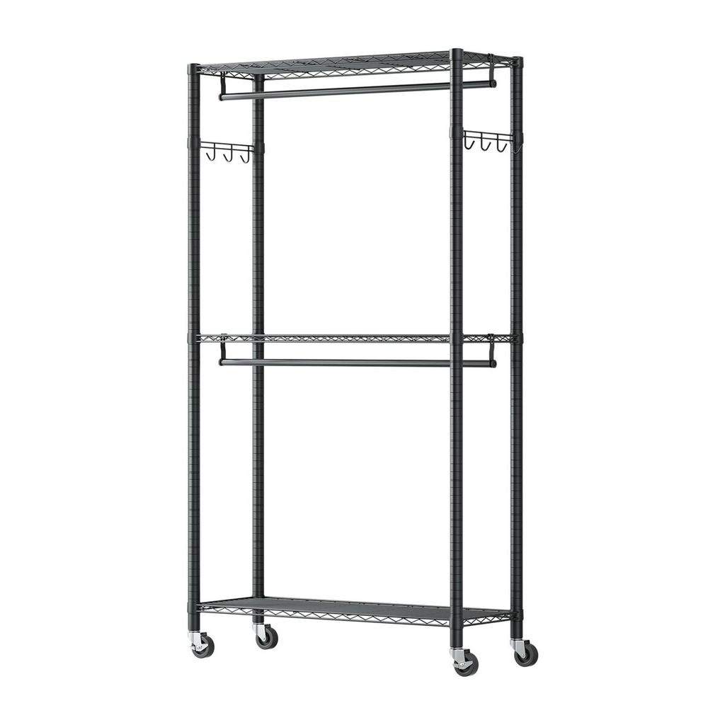 Rolling Clothes Rack, Heavy Duty Clothing Garment Rack, 3 Adjustable Tiers Clothing Racks with Carbon Steel, 204 kg Load Capacity Closet Wardrobe for