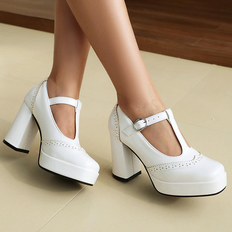 Bullock women's single shoes spring and autumn square head platform thick heel super high heel T-strap British style women's high heels