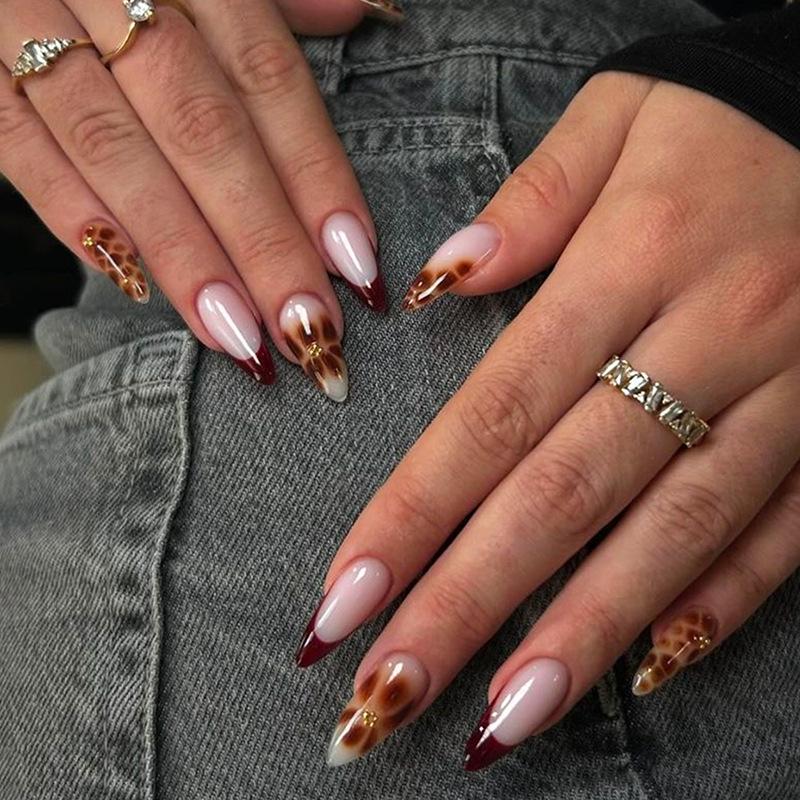 

Burgundy and Brown Ombre Removable Nail Art with Gold Steel Beads for Autumn/Winter