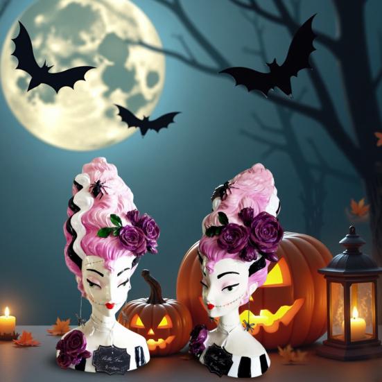 Halloween Pink Bride Bust Statue Creepy Spider Rose Ghost Bride Resin Figurine Sculpture Holiday Party Decoration Ornament