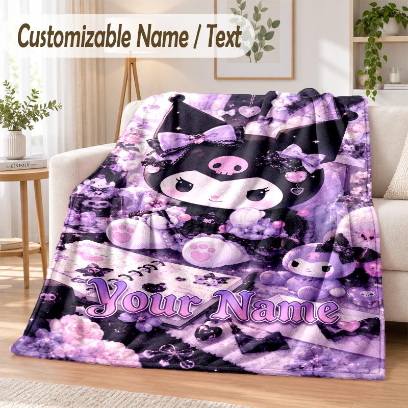 Kuromi Custom Name Flannel Throw Blanket Soft Warm for Sofa Bed Indoor Home Use